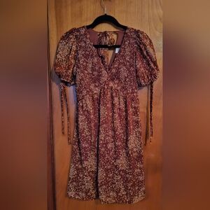 Sienna Sky Floral Smocked Puff-Sleeve Dress | Boho Brown Cream Midi